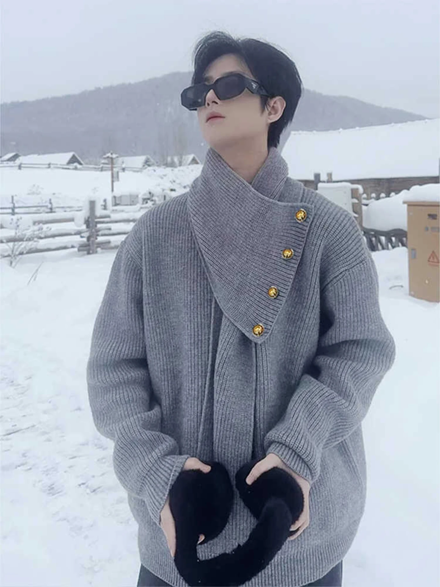 

Мужской свободный вязаный свитер с высоким воротником и встроенным шарфом, осенне-зимний, теплый, молодежный, из смесового полиэстера, длинный