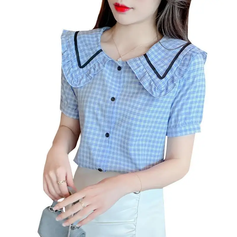 Fashion Korean Summer New Blouses Women\'s Polo Collar Spliced Editable Tree Fungus Plaid Button Loose Casual Short Sleeve Shirts