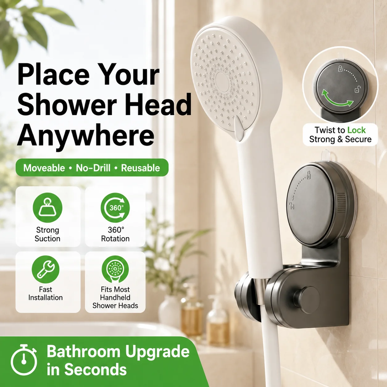 Horizontal Suction Cup Handheld Shower Head Holder Relocatable Wall Mount Bracket Large Shower Support Bathroom AccessoryDurable