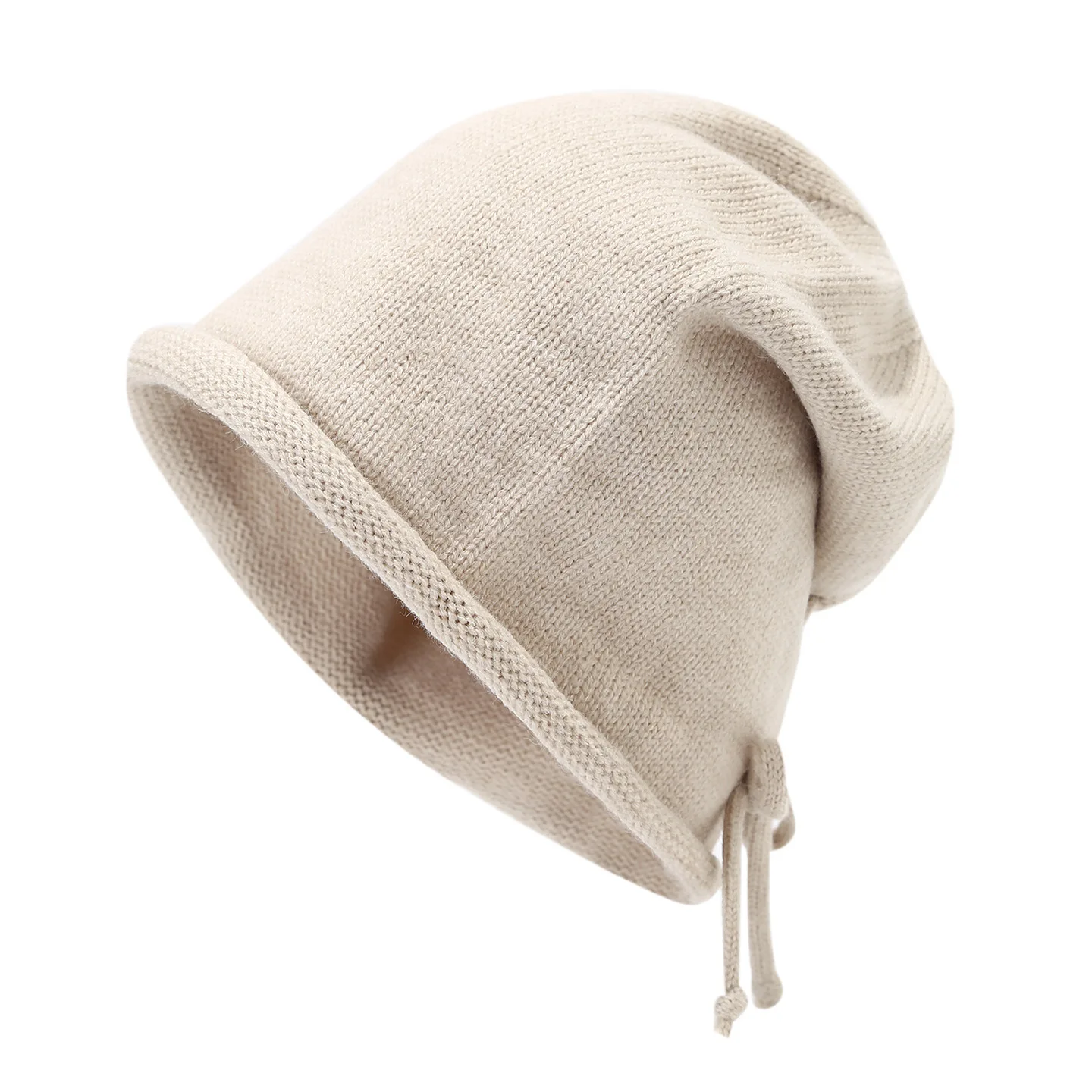 Japanese Style Slouchy Beanie for Women, Drawstring Cuffed Knit Hat, Large Head Wrap Hat Face‑flattering for Autumn Winter