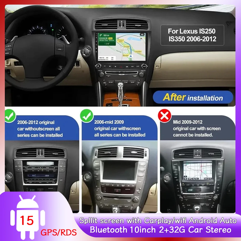 

2+32G 10'' Car Stereo Multimedia Radio GPS Navigation For Lexus IS250 IS350 2006-2012 with Carplay Android Auto Wifi FM/RDS