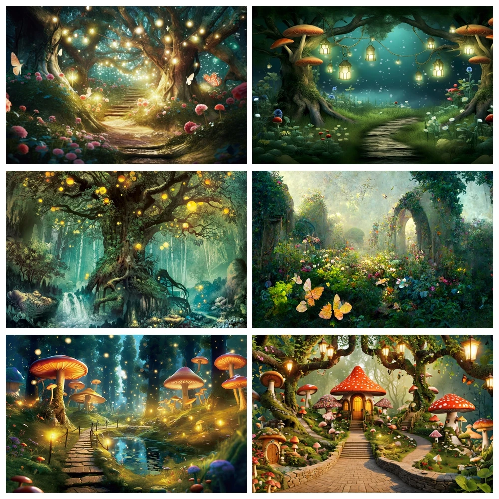 

Fairy Tale Forest Wonderland Backdrop For Photography Enchanted Dreamy Jungle Mushroom Baby Birthday Party Photo Background Prop