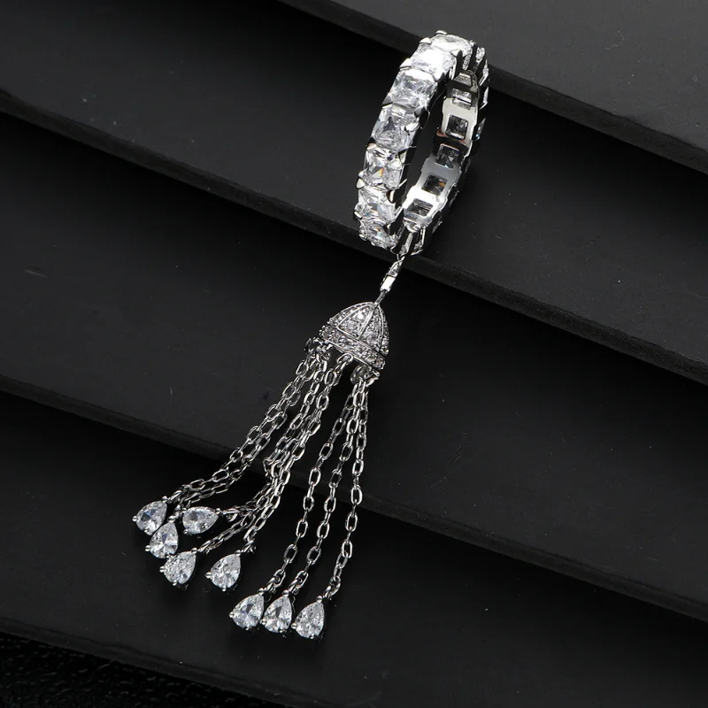 Fashion Square Cubic Zircon Dangle Tassel Finger Rings Waterdrop Crystal Jewelry for Women Wedding Girl Party