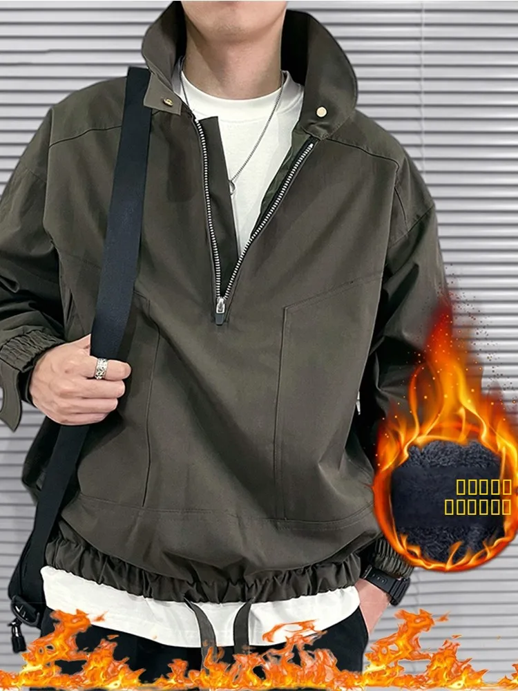 

Thiened Fce Men's Jaet Zipper Collar Workwear Sle Spring Autumn Winter Casual Long Sve Coat Youth ular Polyest...