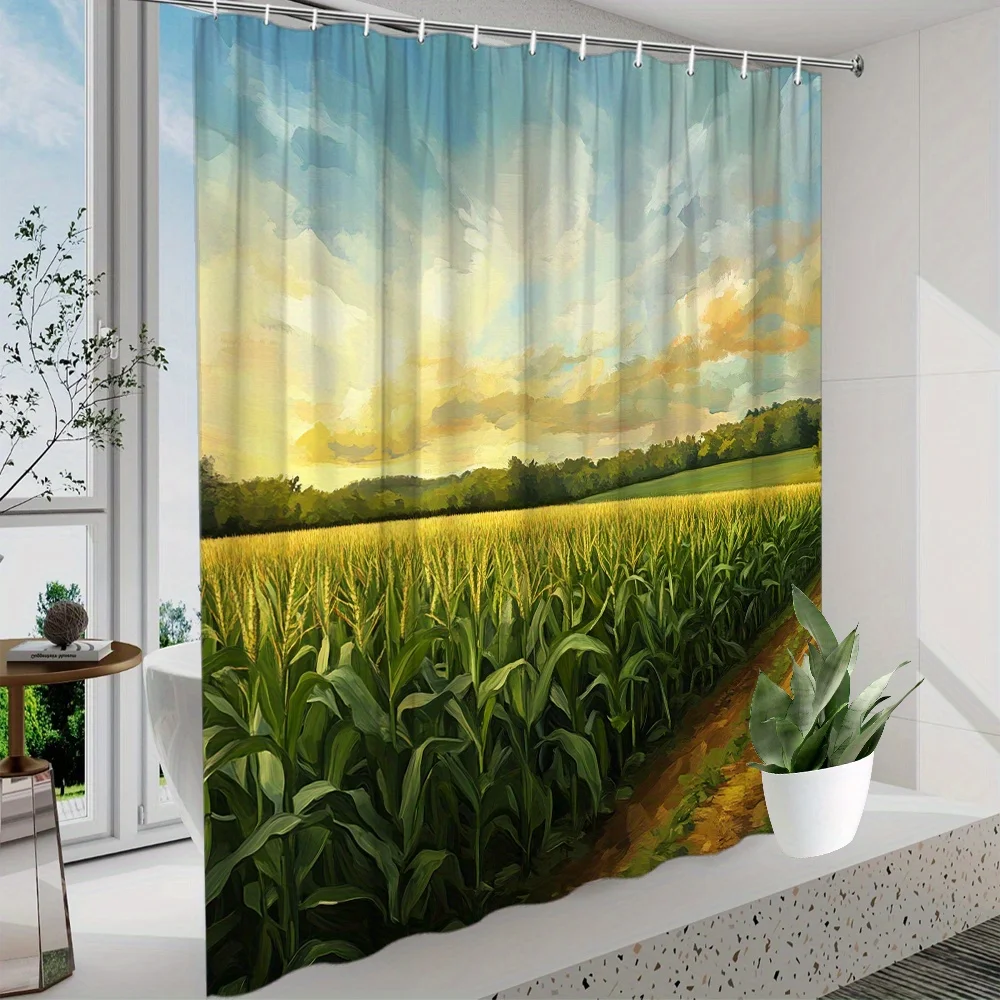 Vibrant Sunset Farm Field Shower Curtain Waterproof Bathroom Decor Tropical Nature Shower Curtain