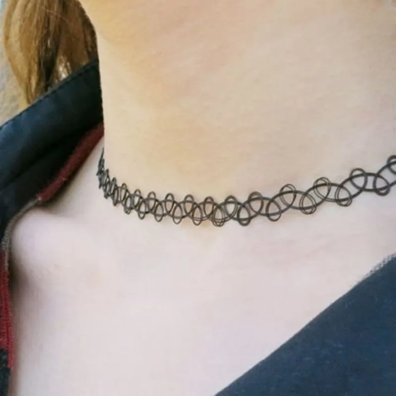 Gothic Tattoo Choker Stretch Necklace Bracelet Ring Black Retro Henna Elastic Boho 90s Jewelry Sets