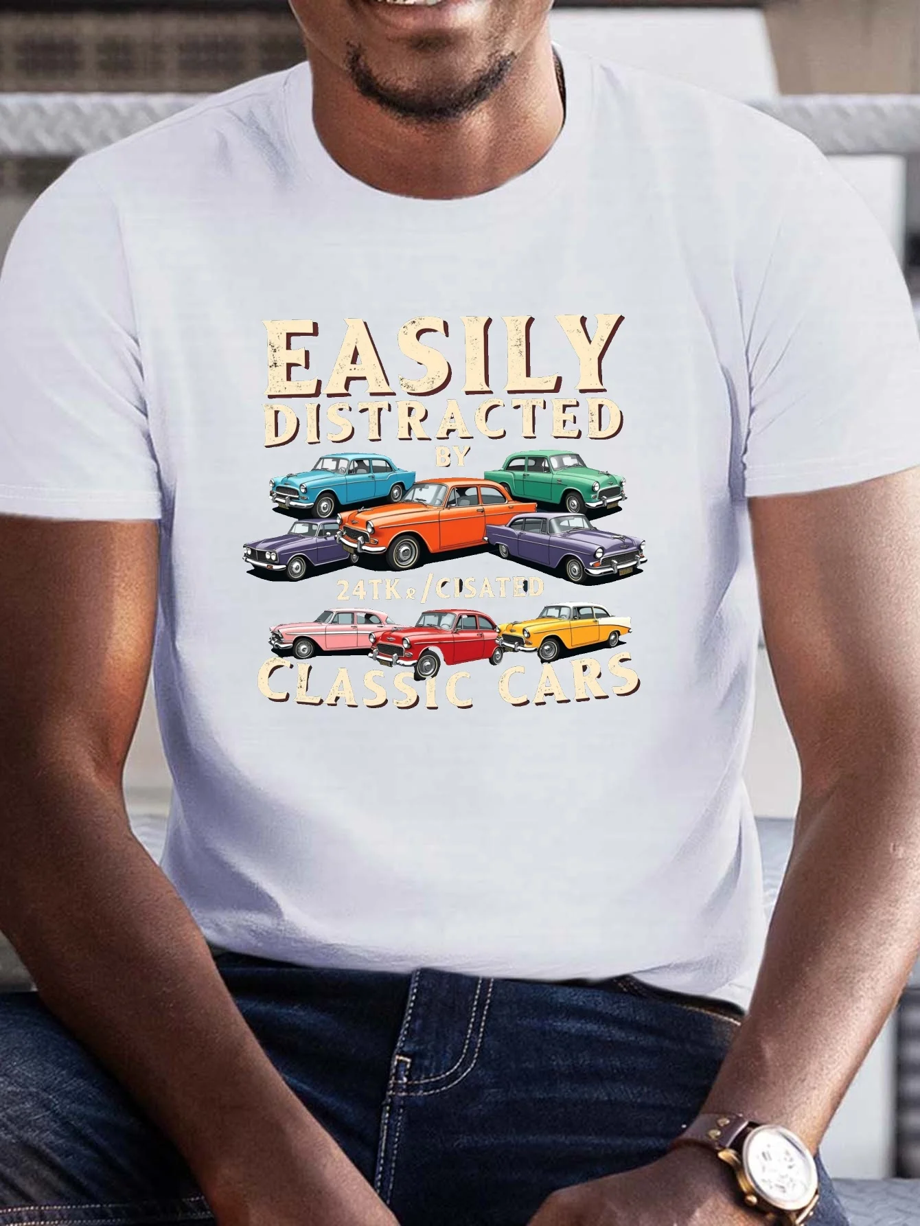 Classic Car Easily Distracted Large Size Men's T-Shirt - Casual Crew Neck, Short Sleeves, Lightweight Fabric, Summer Style, Regular Fit, Casual Adult T-Shirt, Vintage Car Design, Lightweight T-Shirt