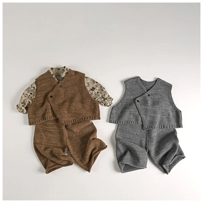 MILANCEL New Spring Autumn Children\'s Knit Vest Girls Fashion V-Neck Solid Knitwear Boys Loose Sweater Waistcoat Optional Pants