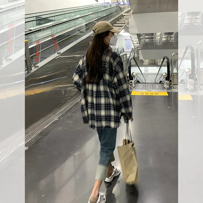 Autumn All Match Plaid Shirts for Women Korean Fashion Button Up Oversized Shirt Woman 2023 Aesthetic Loose Blouse Female