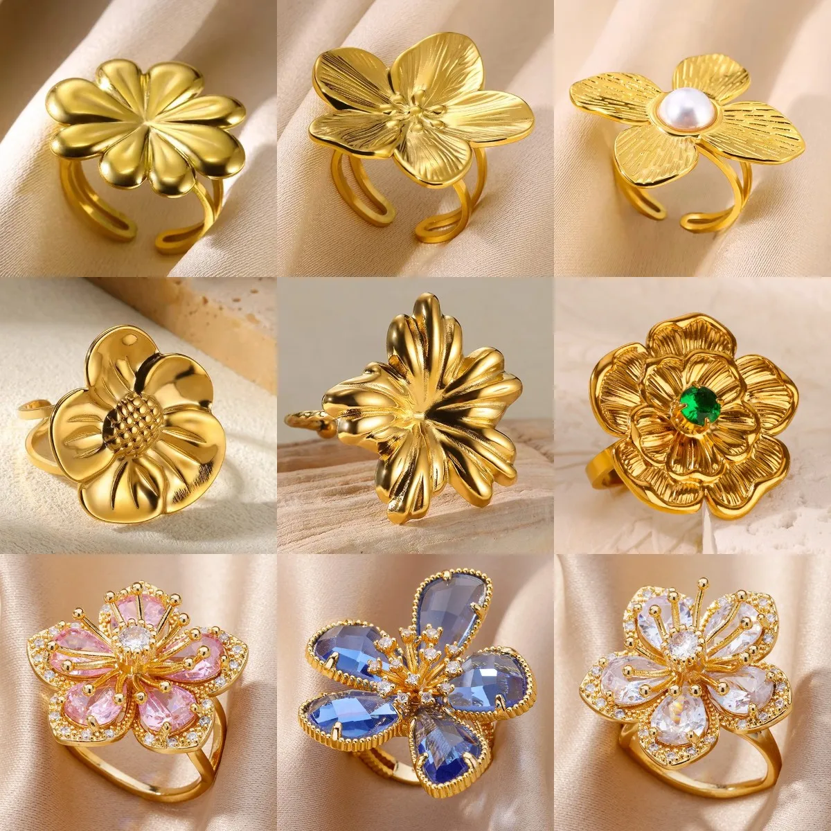 Exquisite Luxury Flower Rings For Women Gold Color Stainless Steel Shiny Zirconia Rings Jewerly bague acier inoxydable femme