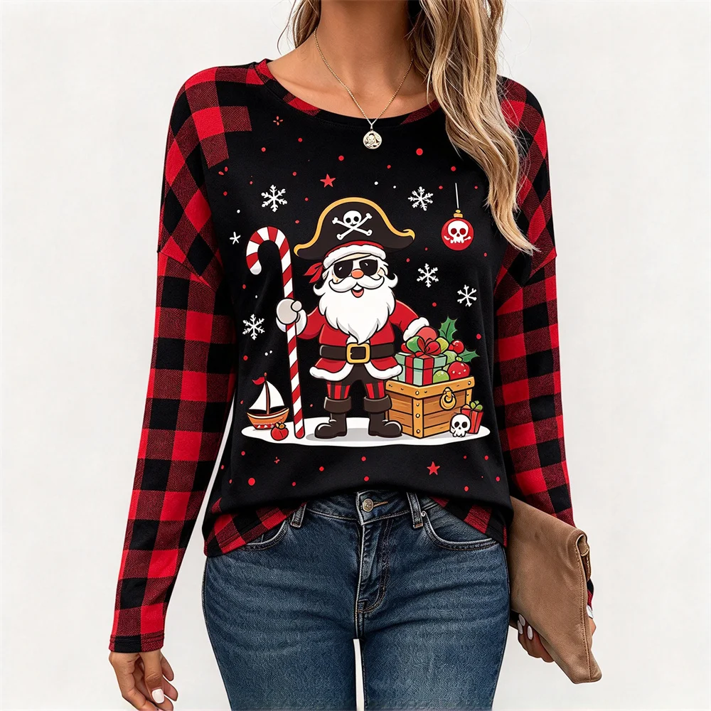 Christmas Women Long Sleeve T-shirt Cute Graphic Print Plaid Tops Winter Holiday Casual Soft Pullover Ladies Xmas Party Gift Tee