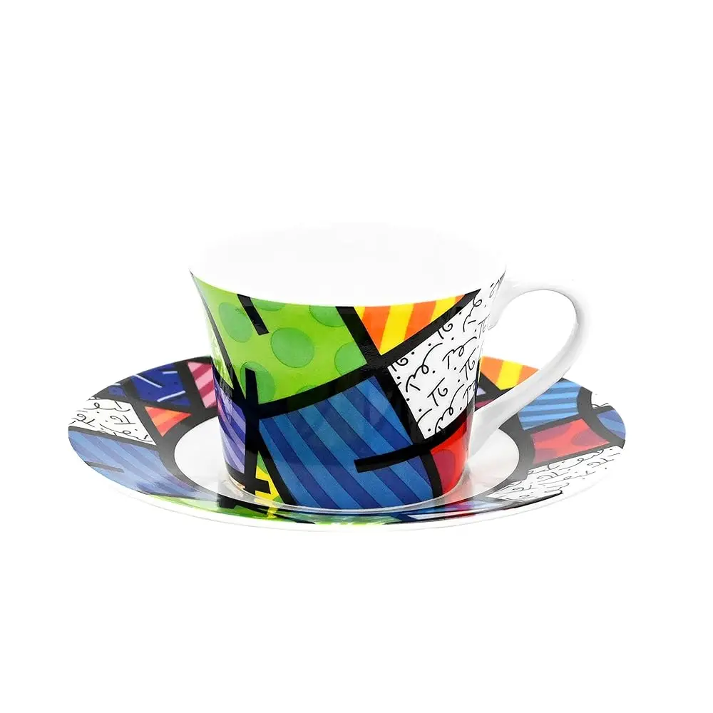 

Чашка для кофе и чая Romero Bone China с блюдцем, 6,7 унций, красочный пейзаж, абстрактный дизайн произведений искусства