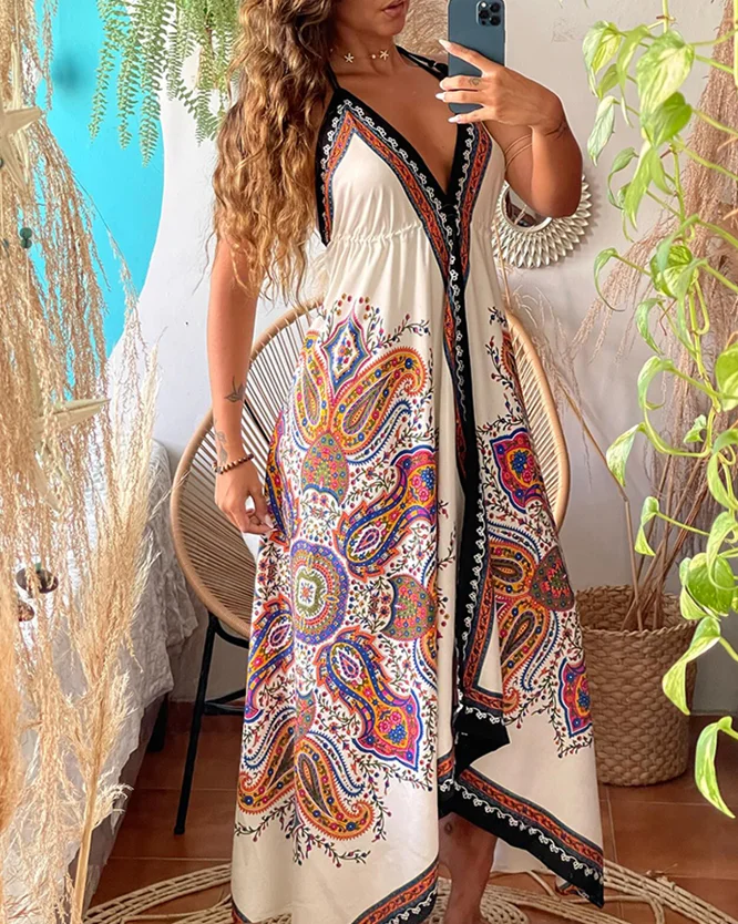 

Womens Dresses 2025 Summer New Tribal Print Plung V-Neck Sleeveless Maxi Dress Caual Halter A Line Asymmetrical Vacation Dress