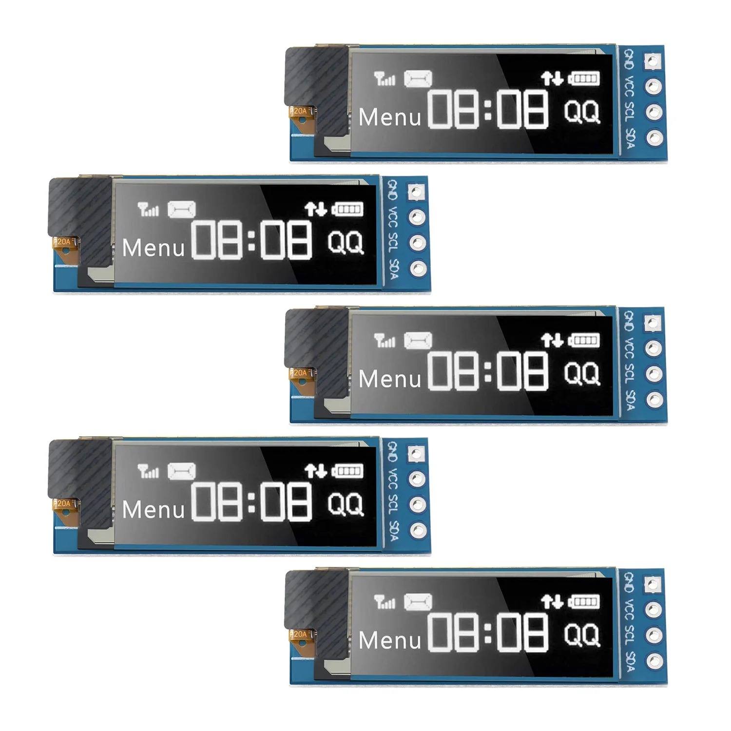 Módulo de exibição OLED com luz branca, driver de tela, I2C, 0,91 Polegada, 3.3V-5V, 5 pcs