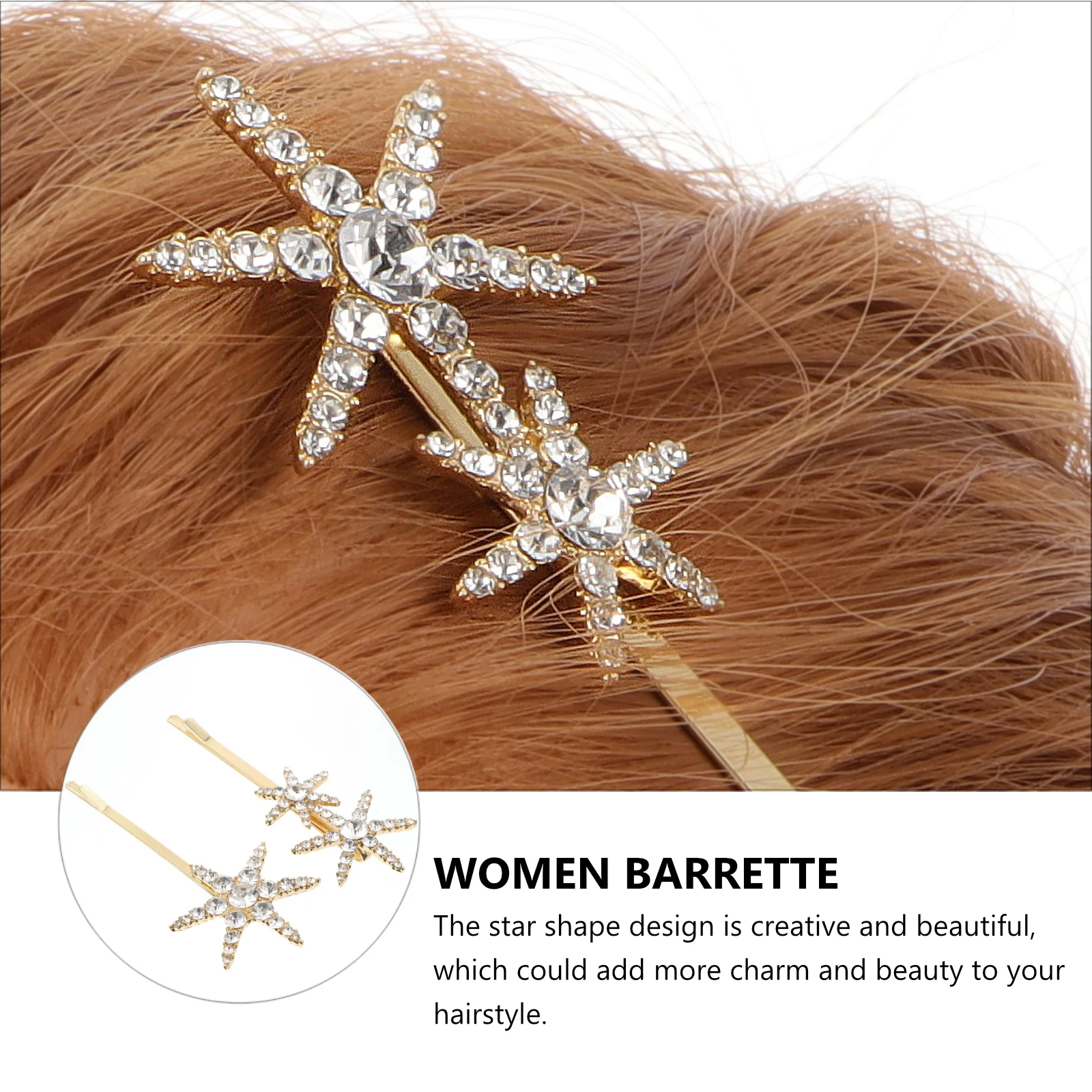 

2Pcs Rhinestone Hair Clip Set Women Alloy Star Bobby Pins Anti Rust No Fading Durable Party Wedding Accessories