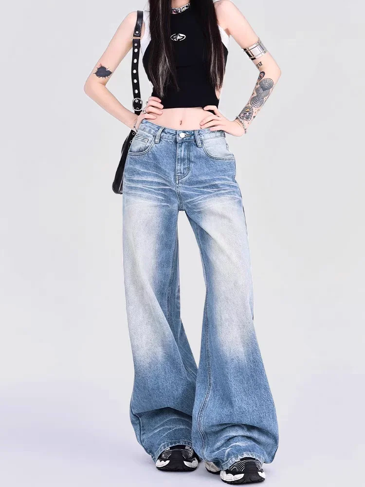 Dames Kat Baard Patroon Wijde Pijpen Rechte Jeans Straat Vintage Cool Girl Hoge Taille Baggy Broek Vrouwelijke Casual Denim Broek
