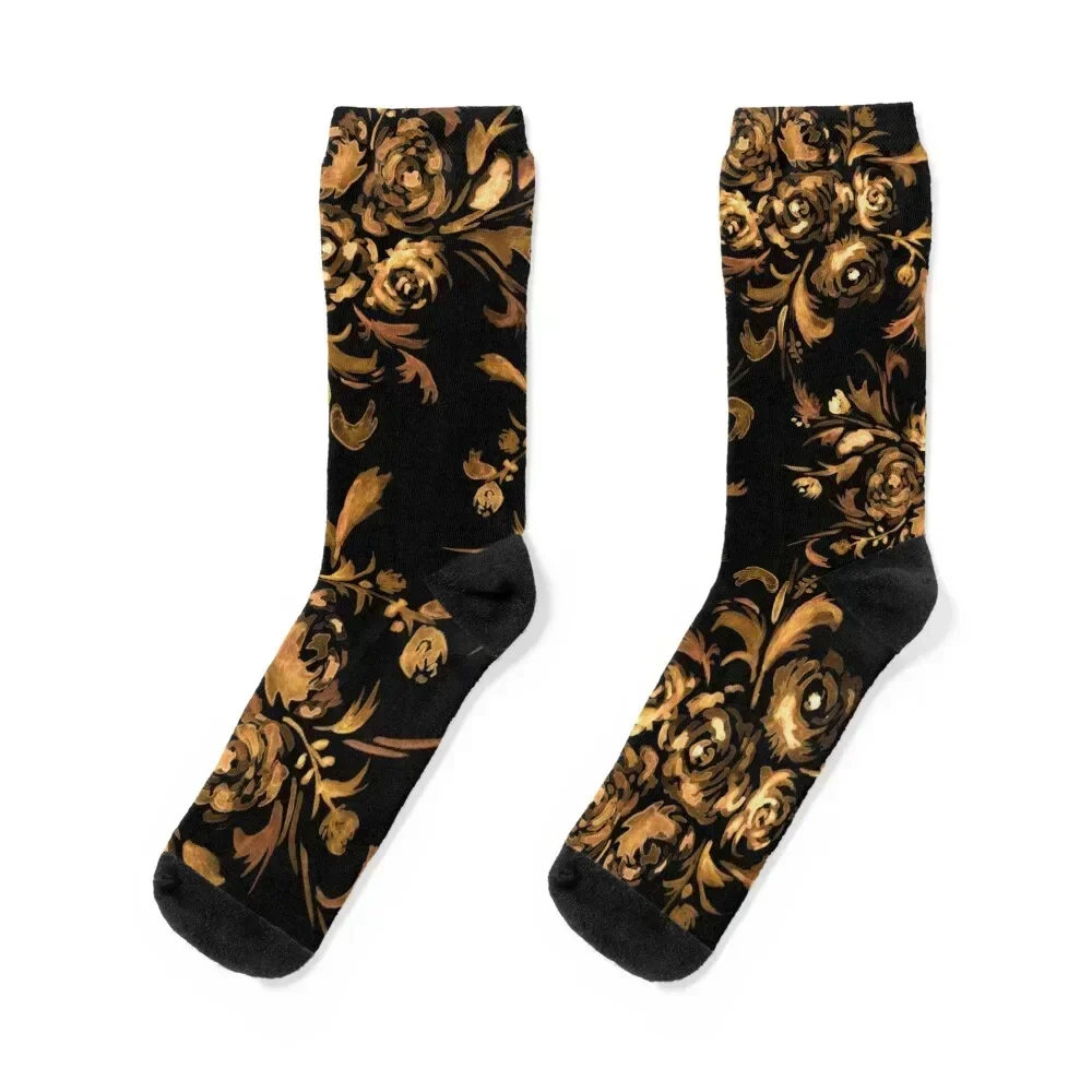 

Golden Roses on Black Floral Pattern Socks Toe sports cute floral anti-slip Woman Socks Men's