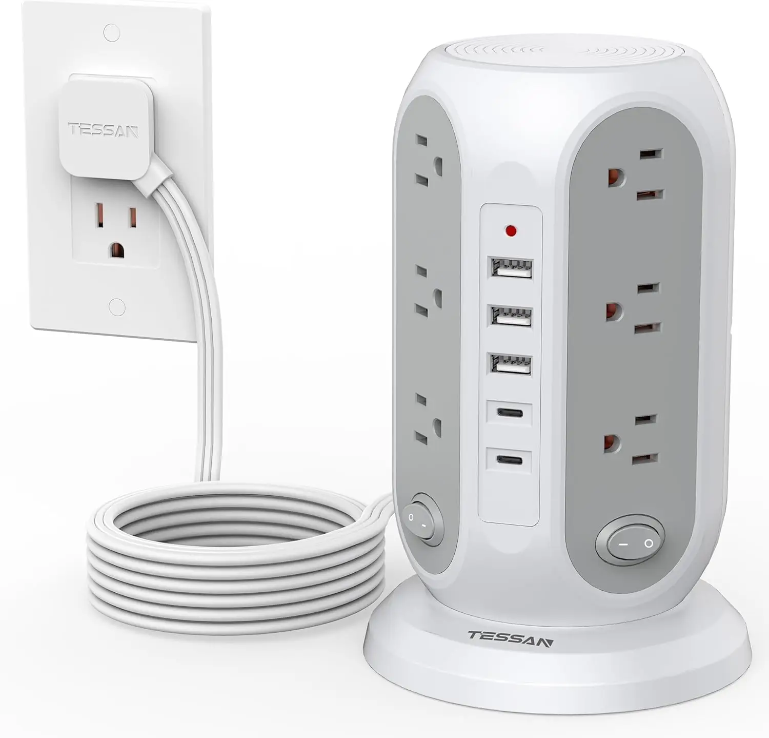 

Многорозеточный блок питания Tower с 12 розетками, 5 USB-портами (2 USB-C), защитой от перенапряжения, кабелем 3 метра, зарядная станция для офиса и общежития