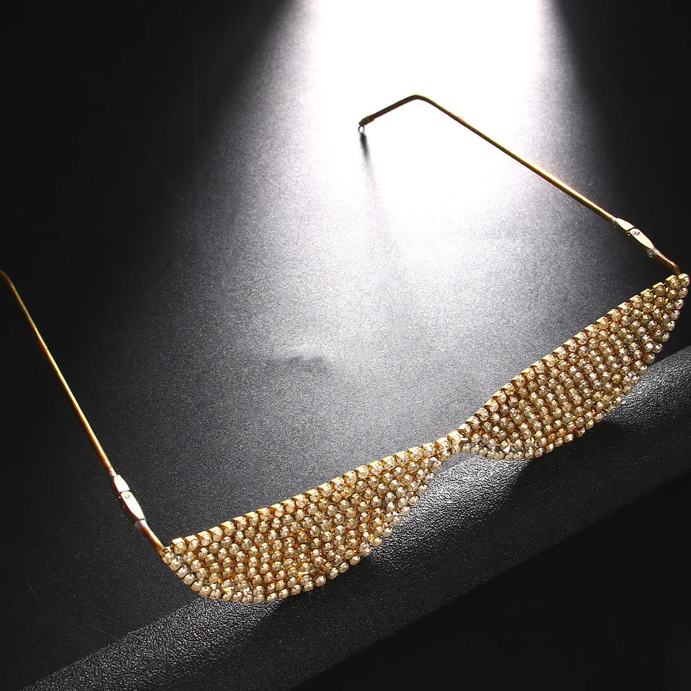 กรอบแว่นตาแฟชั่นประดับพลอยเทียมรูปพระจันทร์เสี้ยวแบบเรียบง่ายไม่มีเลนส์เครื่องประดับสำหรับการตกแต่งดวงตาคริสตัลส่องแสงเป็นประกายวิบวับผู้หญิงหญิงสาว