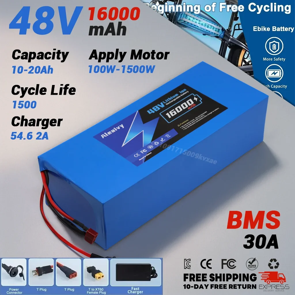 Aleaivy 48V 16Ah 30A BMS Lithium Battery Pack 350W 500W 750W 1000W Motor 18650 Cell For Electric Scooter/Bicycle/Portable Power