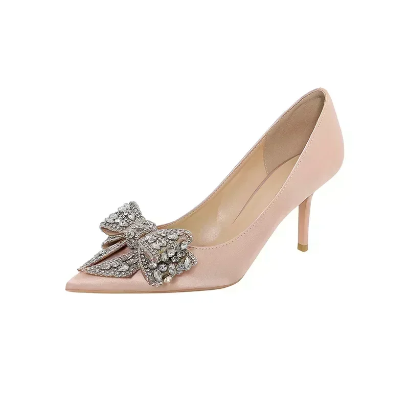 6cm Shoes Luxury Women Satin Pointed Toe with Rhinestone Bow Sexy High Heels Banquet Party Women Shoes 43