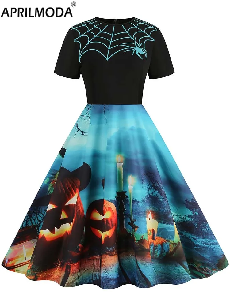 Eleganckie świąteczne kostiumy na Halloween sukienki z krótkim rękawem z nadrukiem 2023 jesień zima 50s Vintage Party Dress Cosplay Vestidos