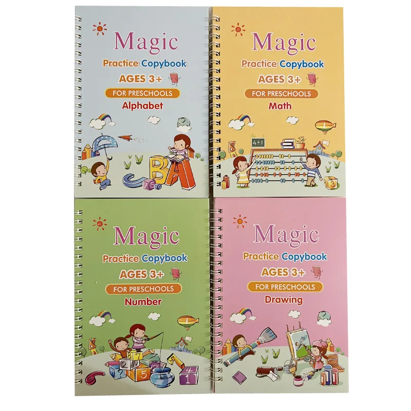 4 pezzi per bambini riutilizzabili libro di scrittura pulizia gratuita versione inglese bambini calligrafia pratica magica quaderno penna prescolari