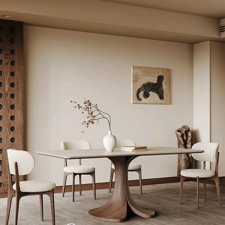 Mid-Century Solid Wood Dining Table Rectangular Modern Simple Walnut Veneer Full Support Matte Travertine Slate Dining Table and