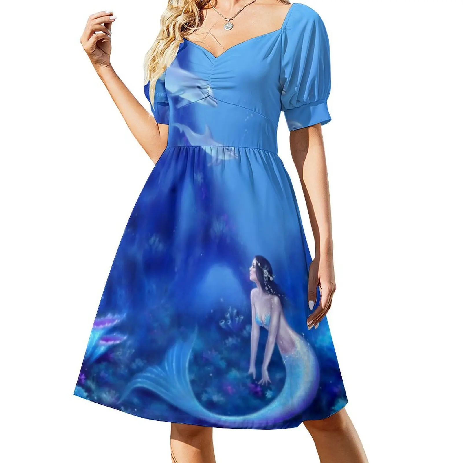 

Ultramarine Mermaid & Dolphins Short Sleeved Dress dresses for women dress for women summer Dress