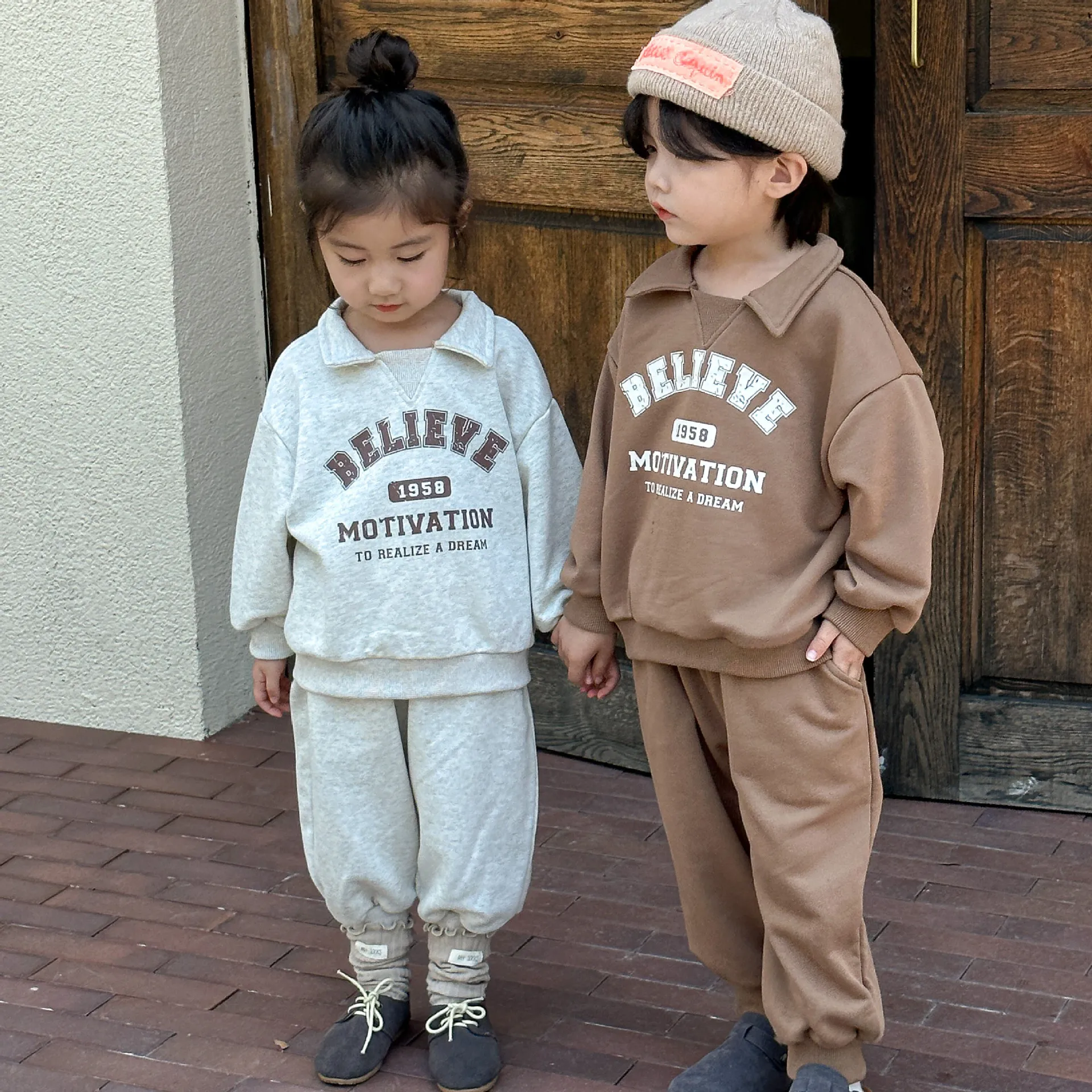 Autumn Mother Kids Clothes Boy Girl Letter Print Lapel Tops + Solid Pants 2pcs Children Cotton Sweatshirt Set Baby Hoodie Set