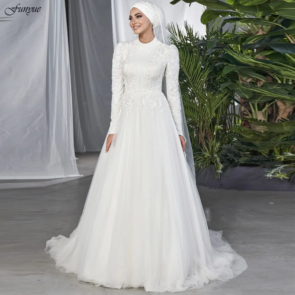 Funyue Vestidos De Novia A-Line Tulle Lace Muslim Bridal Dress for Bride Long Sleeve Hijab Islamic Wedding Gown Arabic Dubai