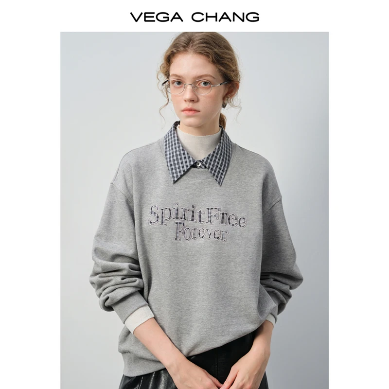 سويت شيرت نسائي شتوي جديد بياقة منقوشة على الطراز الكوري من Vega Chang