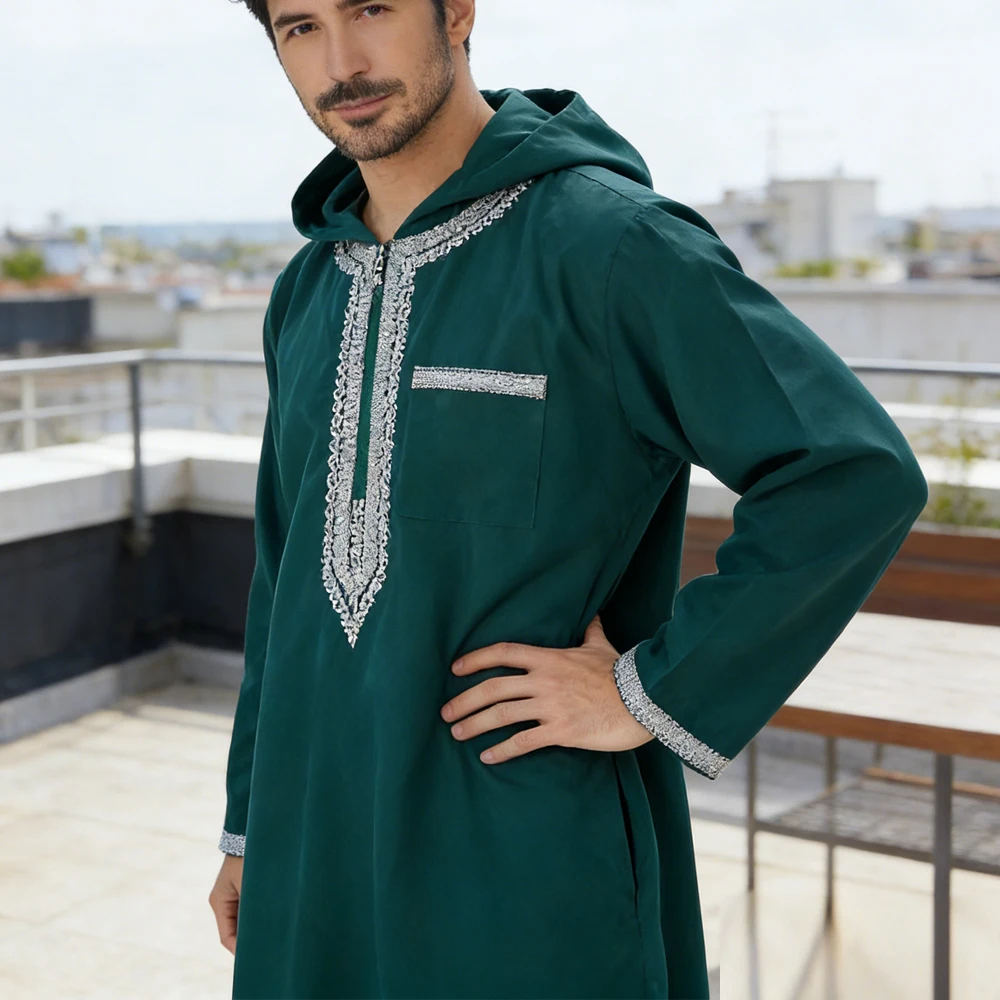 

Men's Embroidery Robe Traditional Long Sleeve Jubba Thobe Muslim Men Dress Islam Clothing Saudi Arabic Thawb Caftan Hooded Abaya