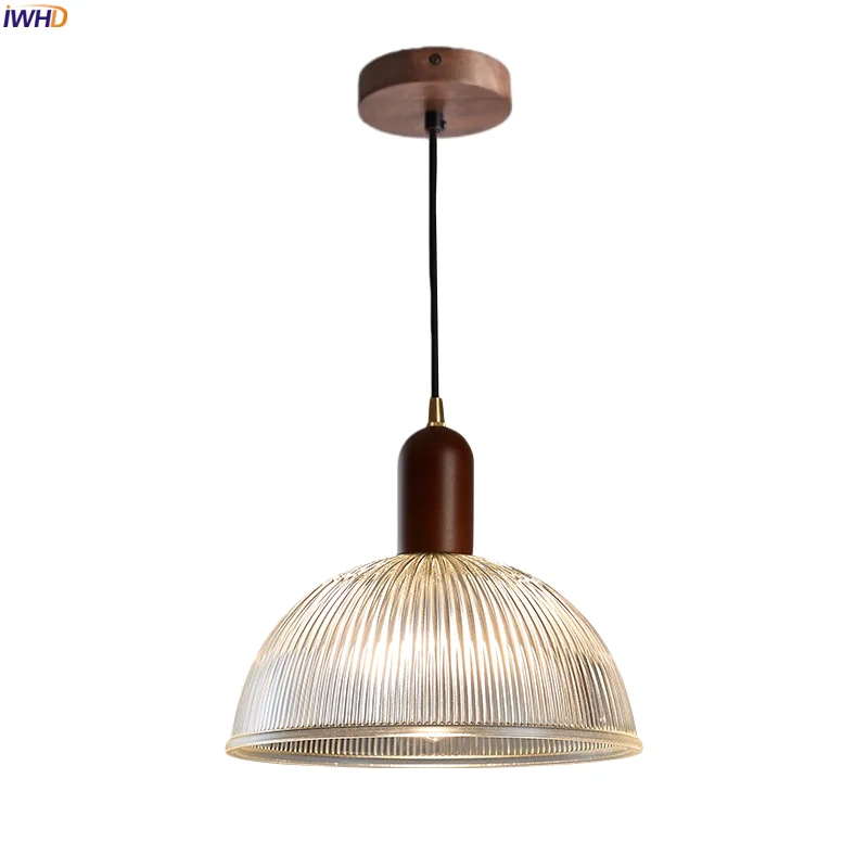 

IWHD Wood Canopy LED Hanging Lamp For Living Room Bedroom Restaurant Cafe Japan Vintage Glass Pendant Lights Decoration Hanglamp