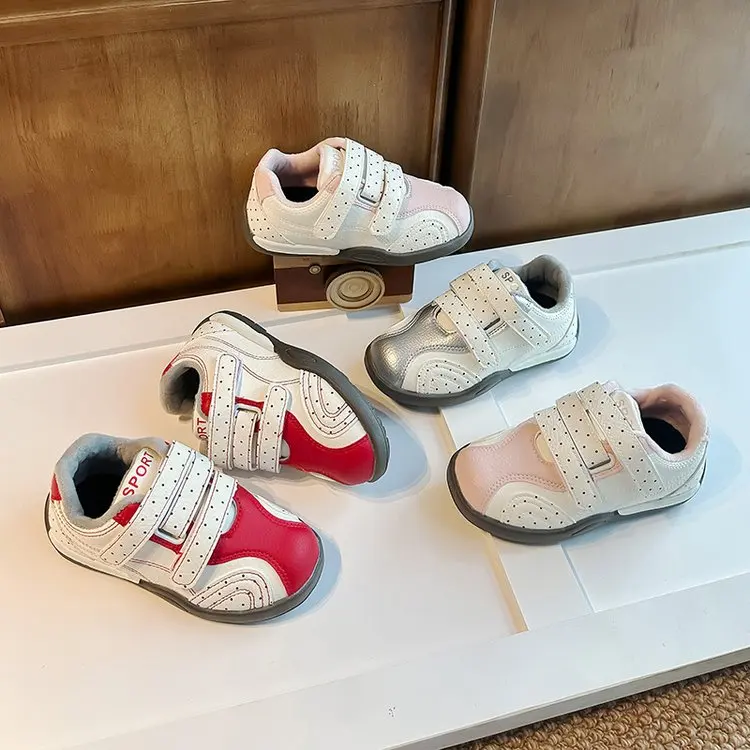 Colour-Block Baby Sneakers Polka Dot Detail, Double Hook-And-Loop Straps, Flexible Non-Slip Sole PU Leather Shoes