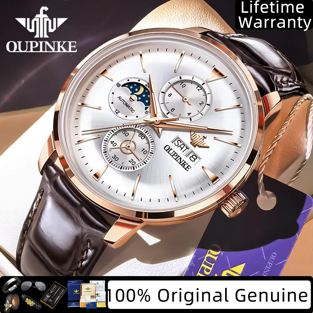 

OUPINKE Men's Watches Dual Calendar Moon Phase Chronograph Waterproof Multi-functional Automatic Mechanical Watches for Man 3309
