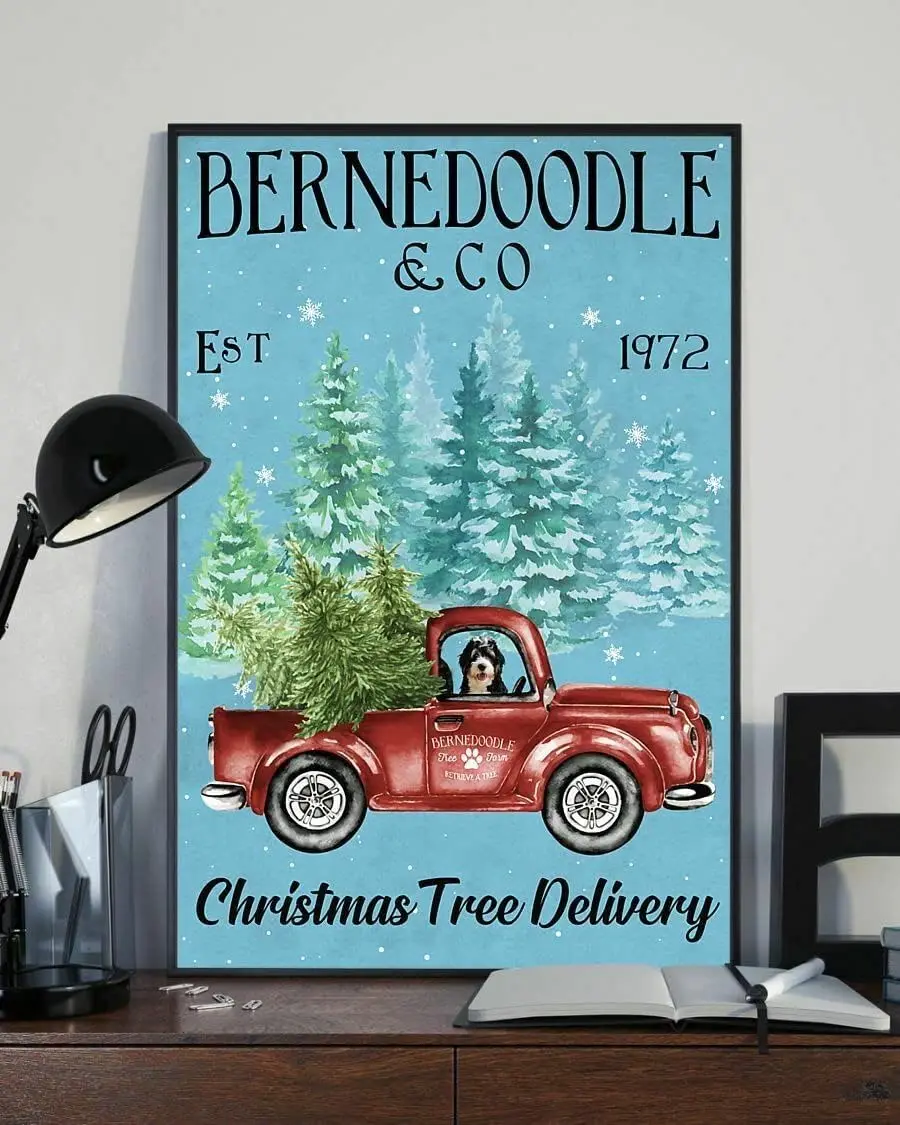Bernedoodle and Co Christmas Tree Delivery Xmas Dog Poster Metal Tin Sign Vintage Decoration Garage Home Garden Cafes Kitch sign