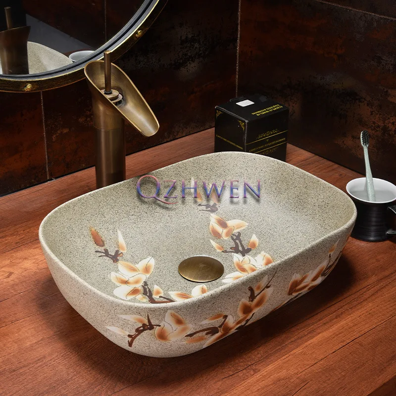 

46*33*13.5cm Bathroom Sink High Quality Ceramic Washbasin Vintage Lotus Countertop Art Basin for Washroom Hand Wash with Faucet