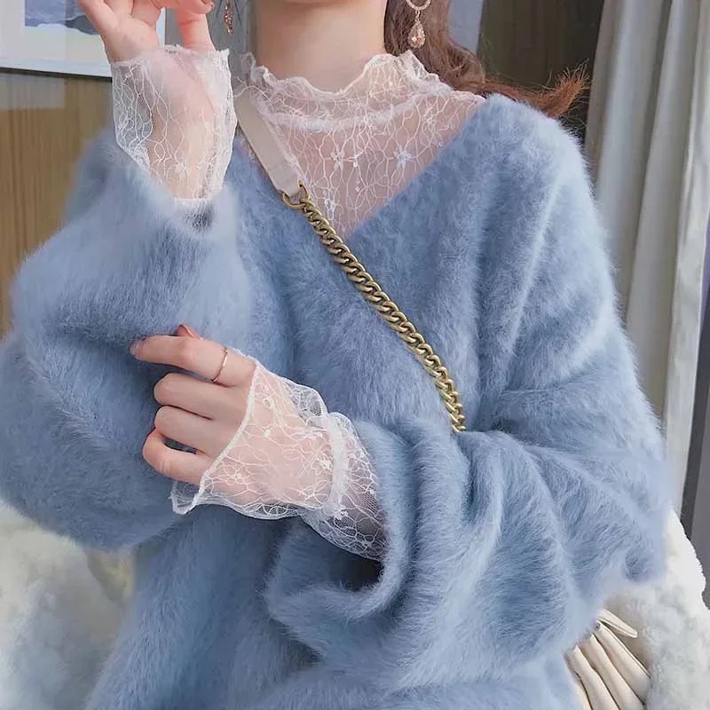 Sweater bulu halus wanita, pullover rajutan kasual longgar, warna murni leher V kasmir, mode baru musim semi 2025