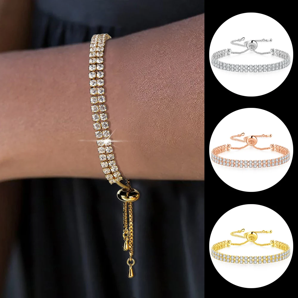 Adjustable Shiny Tennis Bracelets For Women Zircon Crystal Full Drills Double Rows Chain On Hand Bangles Fashion Jewelry Gifts
