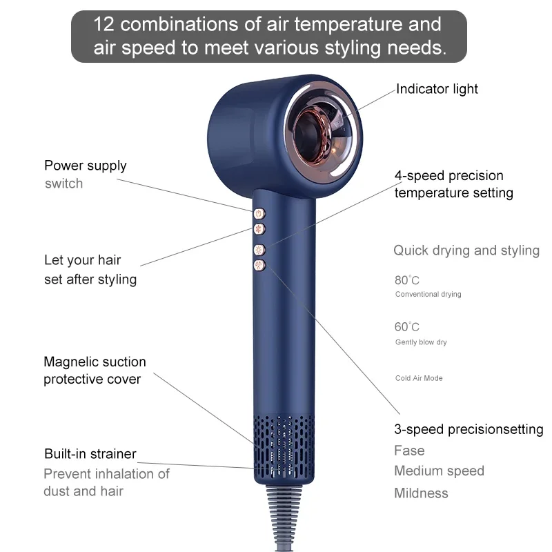 Professional 2000W High-Speed Hair Dryer with 110000 RPM Fast Dry 50Million Negative Ionic Electric Diffuser Nozzle Salon Use