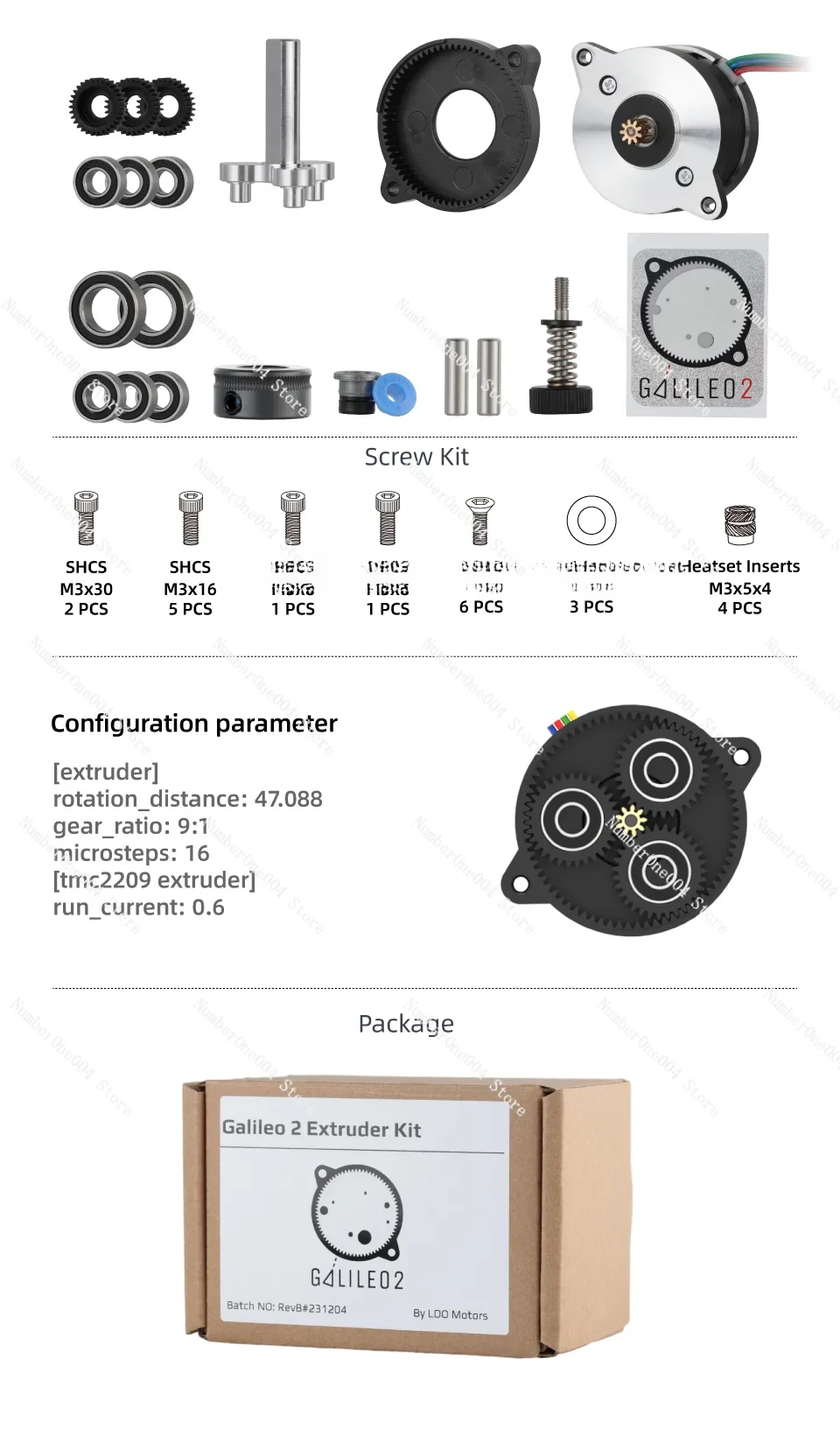 LDO 3D printer Galileo 2 extruder and Z-drive kit (G2E&G2Z)