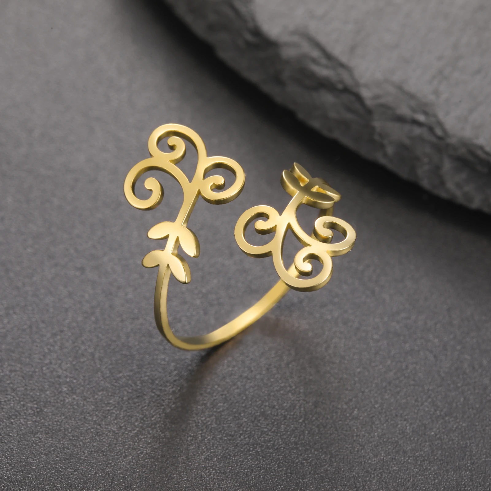 1pc Flower Vines Open Women Rings Stainless Steel Hollow Geometry Spiral Ring Jewelry Christmas Gifts