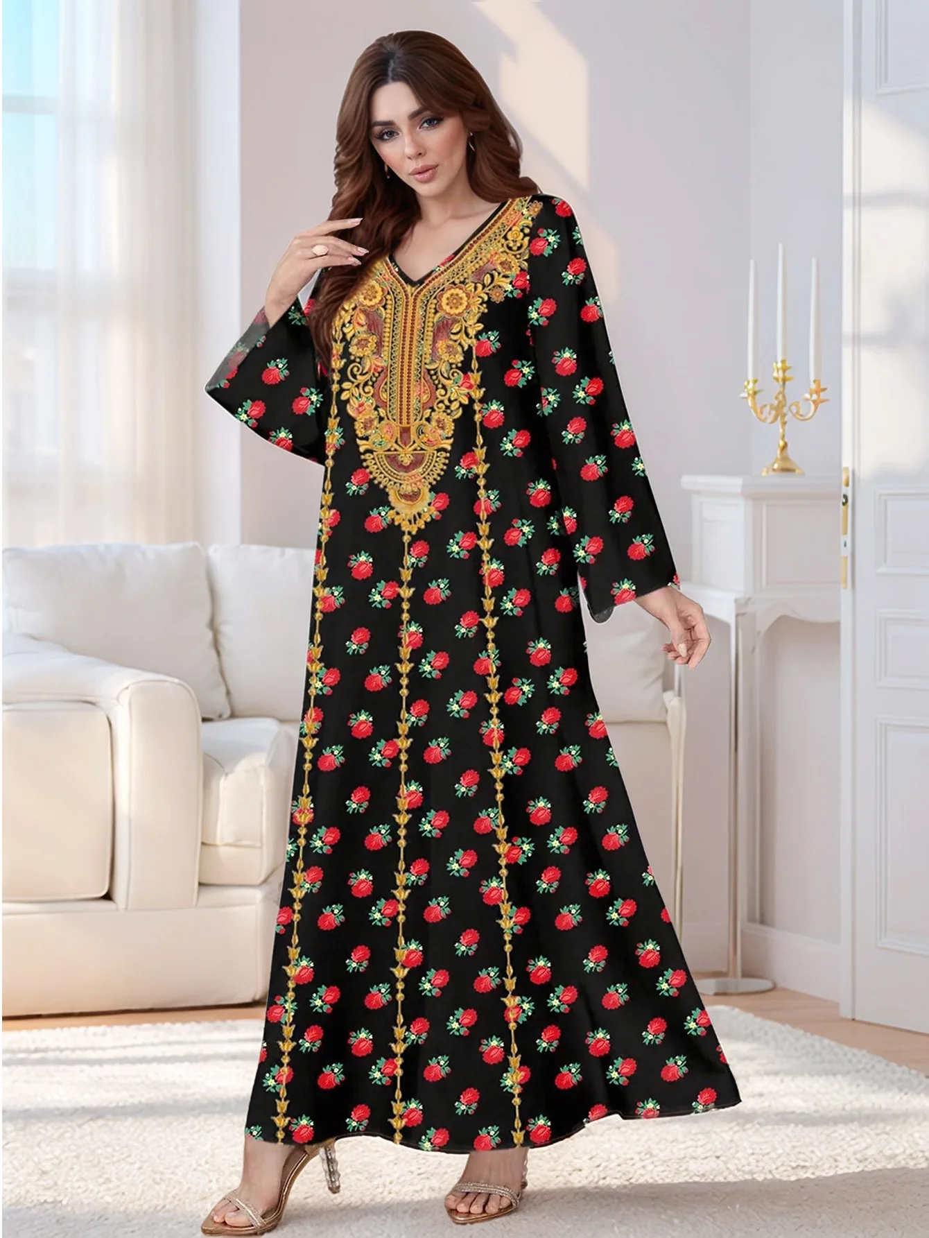 Eid Women Print Dress Muslim Abaya Flower Print V Neck Vestidos Largos Kaftan Arab Long Robe Jalabiya Ramadan Long Dresses 2025 3