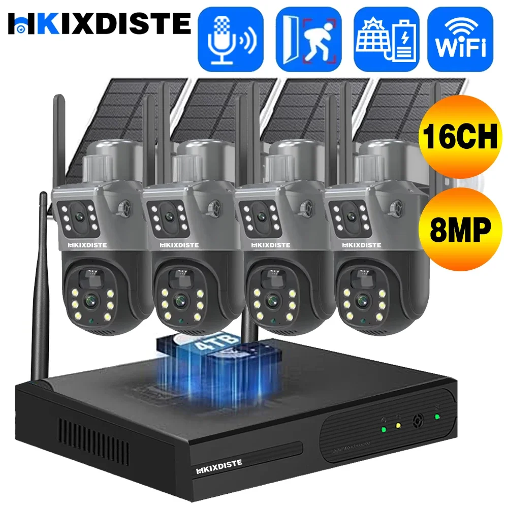 

Беспроводная солнечная PTZ-камера с двумя объективами, уличная 8-мегапиксельная камера с питанием от аккумулятора, 16-канальный комплект WIFI NVR, 2,4G, Wi-Fi, набор видеонаблюдения