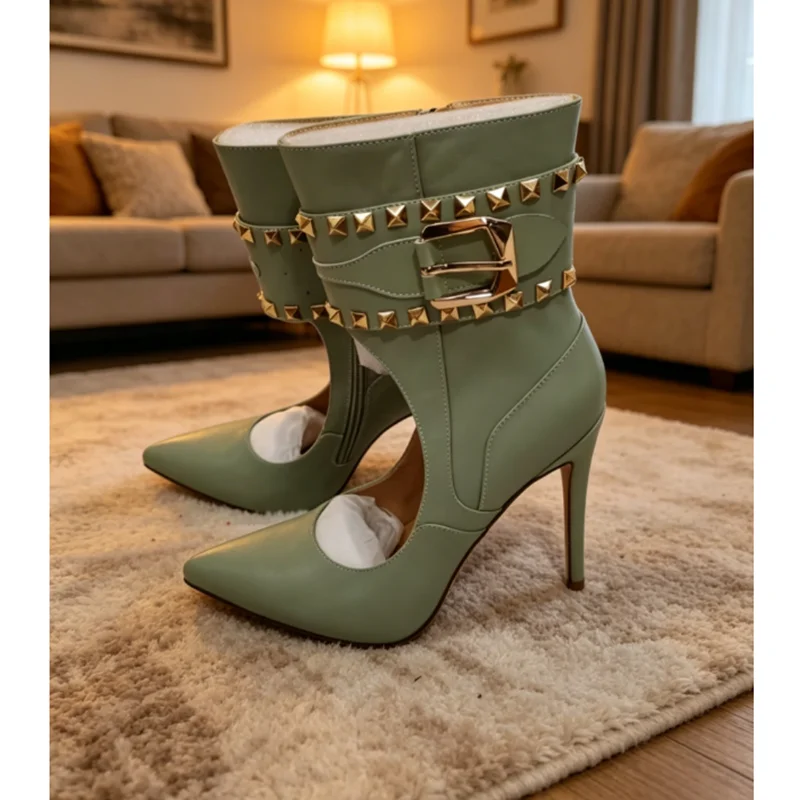 Black Rivet Decor Stiletto Sandal Boots Peep Toe Side Zipper British Style New Fashion Summer Women Shoes Zapatos Para Mujere