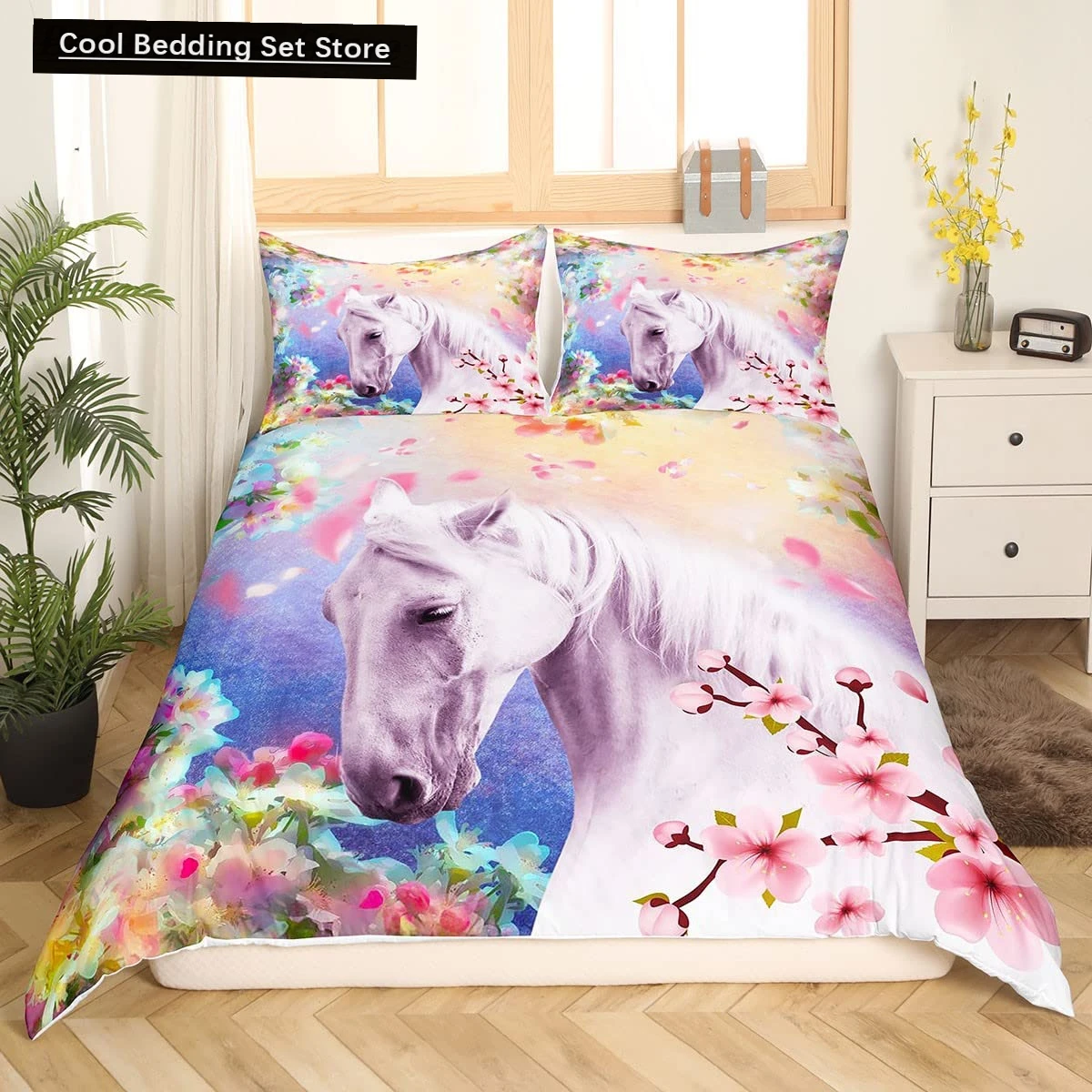 

White Horse Pink Cherry Blossom King Full Bedding Set Watercolor Floral Duvet Cover Animal Quilt Cover Polyester Comforter Cover