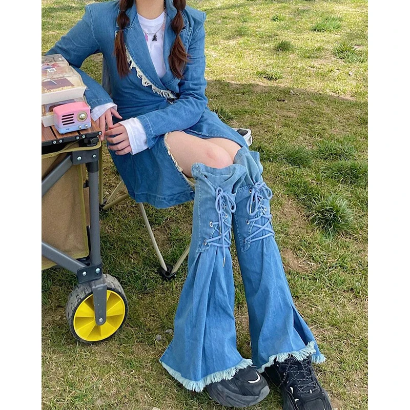 

PBAP Plain Washed Strappy Women Flare Leg Warmers Denim Gradient Boots Cover Frayed Knee Long Socks Casual Vintage Streetwear