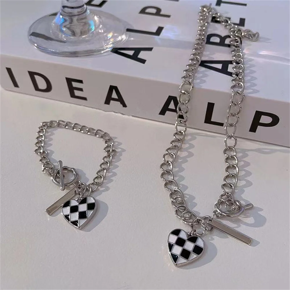 Creative Checkerboard Bracelet Love Pendant Necklace Female Personality Jewelry Clavicle Chain Fashion Accessories Punk Style