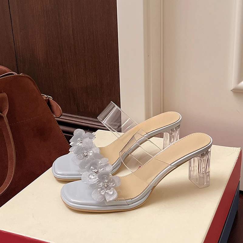 

Crystal Square Slippers Women's Fashion Square Head Open Toe Flower Set Foot Non-slip Wear-resistant High Heels